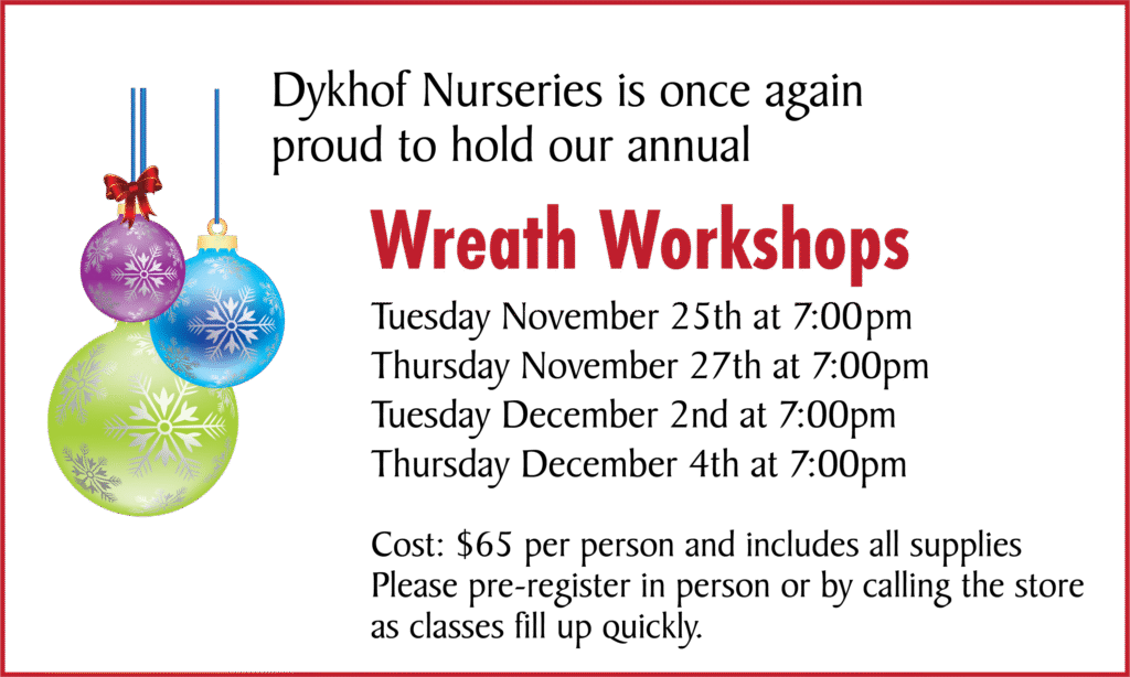 Wreath making class dates are now available. Cost: $65 per person and includes all supplies Please pre-register as classes fill up quickly. Tuesday November 25th at 7:00pm Thursday November 27th at 7:00pm Tuesday December 2nd at 7:00pm Thursday December 4th at 7:00pm
